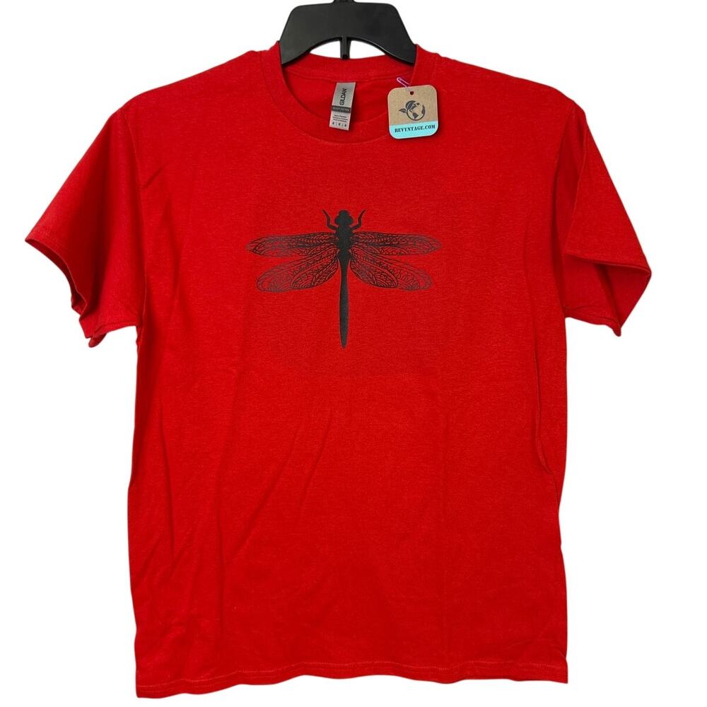 Hand Printed Unisex Medium Dragonfly 100% Cotton Crew Neck Short Sleeve Tee